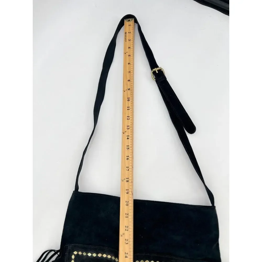 Vintage Steve Madden Black Suede Leather Fringe Studded Crossbody‎ Bag Shoulder